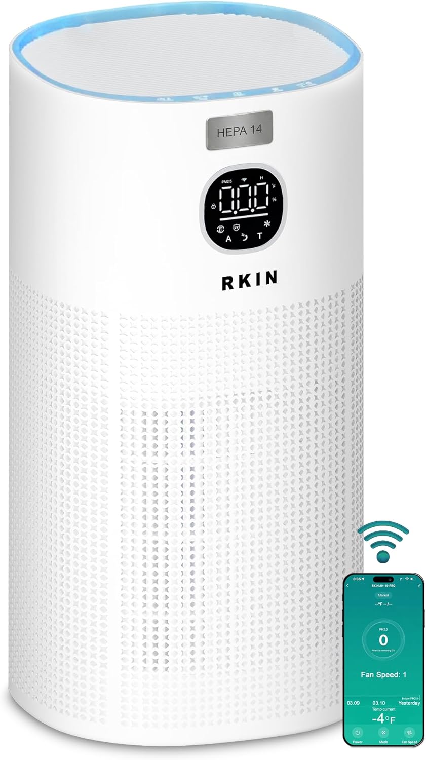 RKIN HEPA 14 Smart Air Purifier - Large Room Air Purifier with PM2.5 Monitor, WiFi & App Control for Pet Hair, Odors, Pollen & Smoke for Home, Covers Up to 663 Ft², Auto, Turbo, and 29.5db Sleep modes