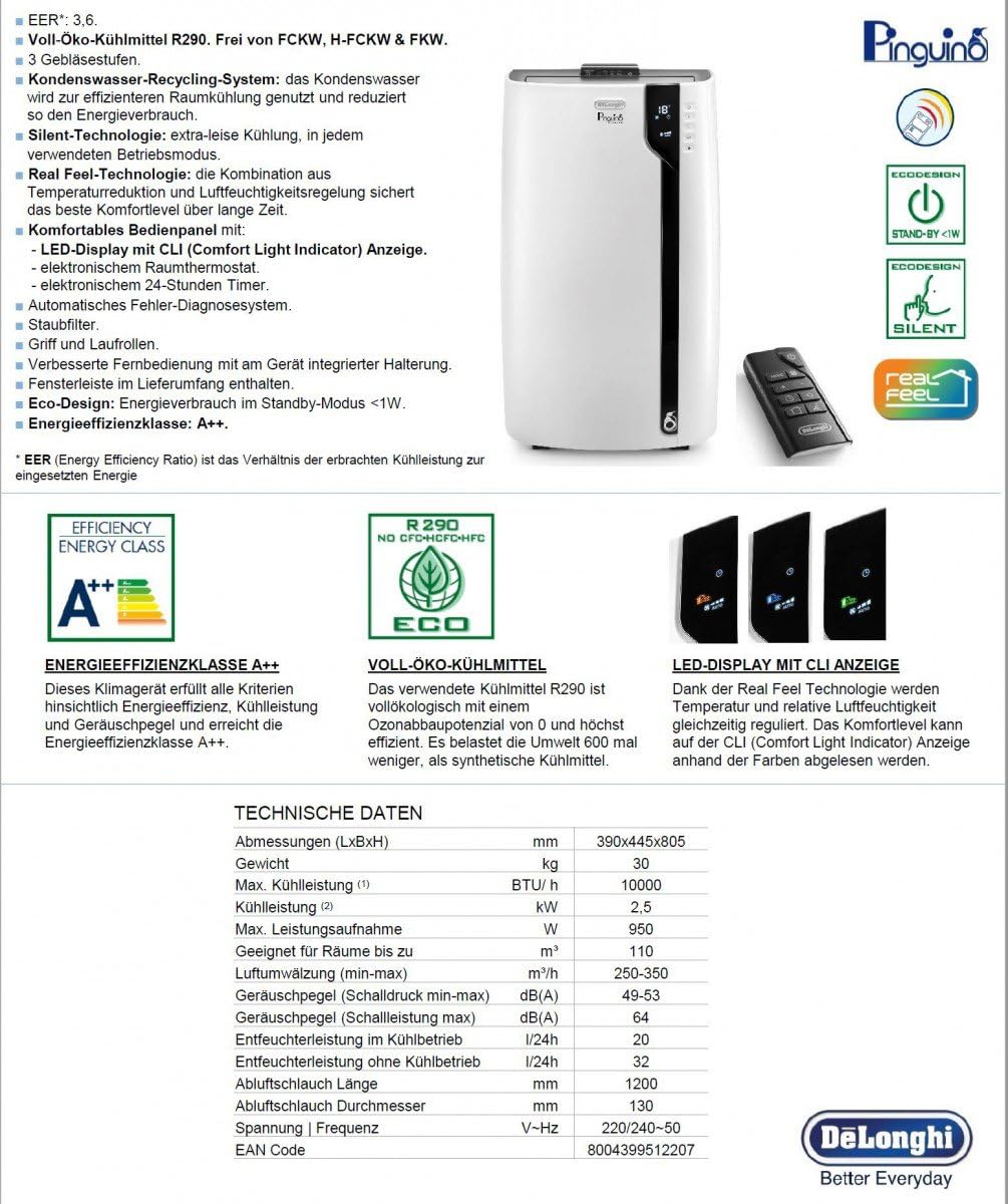 De'Longhi Pinguino PACEX100 Silent | Portable Air Conditioner with Real Feel Technology | 110m³, 10,000 BTU, A++ Energy Efficiency