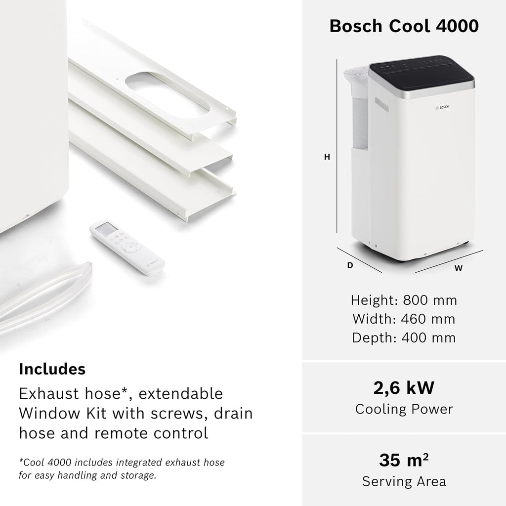 Bosch Cool 2000 Portable AC - 3-in-1 Air Conditioner, Dehumidifier, Fan - 2.6 kW for rooms up to 35m² - With Auto Mode, Silent Mode & Sleep Mode