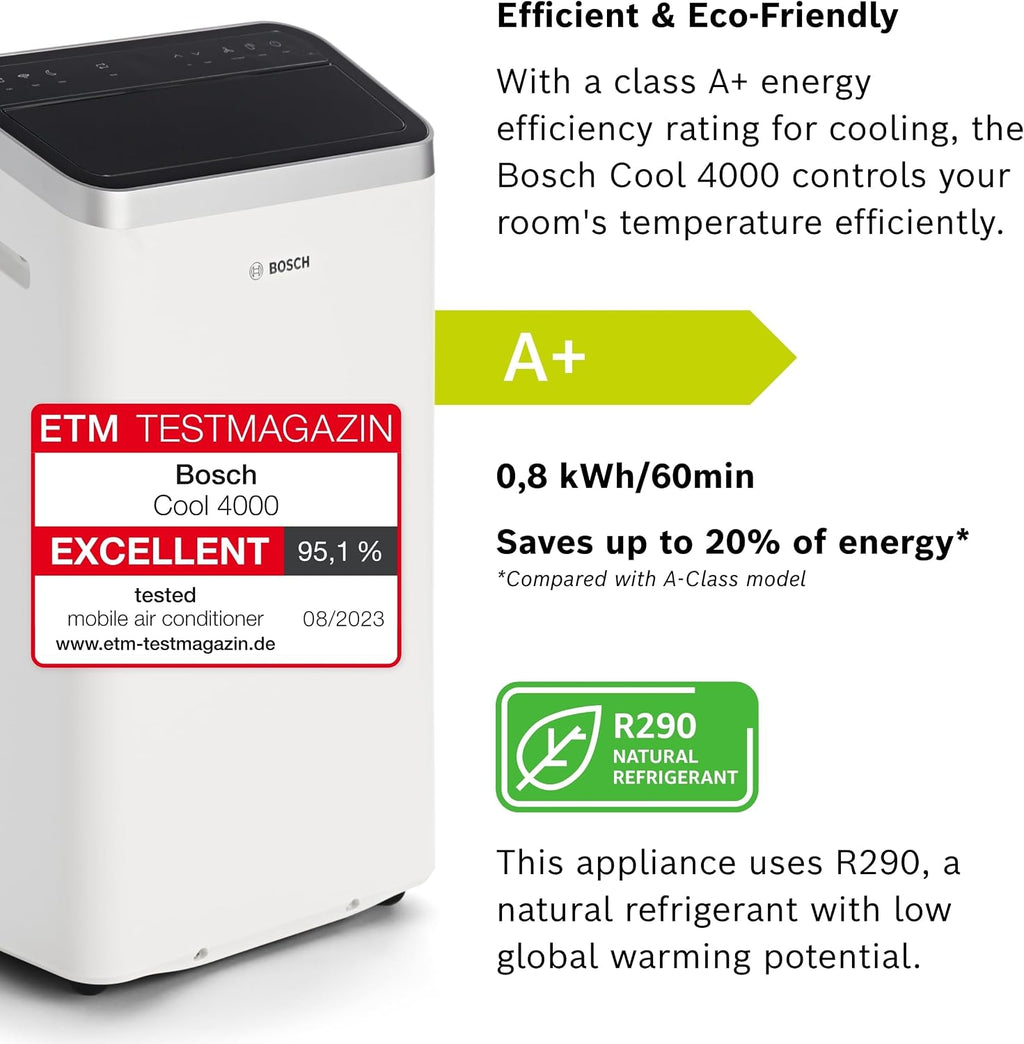 Bosch Cool 2000 Portable AC - 3-in-1 Air Conditioner, Dehumidifier, Fan - 2.6 kW for rooms up to 35m² - With Auto Mode, Silent Mode & Sleep Mode