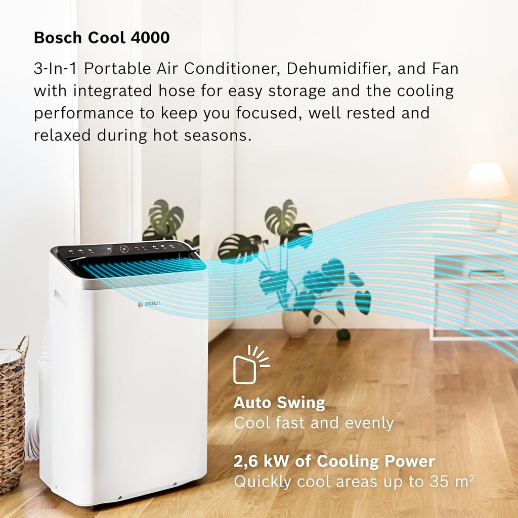 Bosch Cool 2000 Portable AC - 3-in-1 Air Conditioner, Dehumidifier, Fan - 2.6 kW for rooms up to 35m² - With Auto Mode, Silent Mode & Sleep Mode