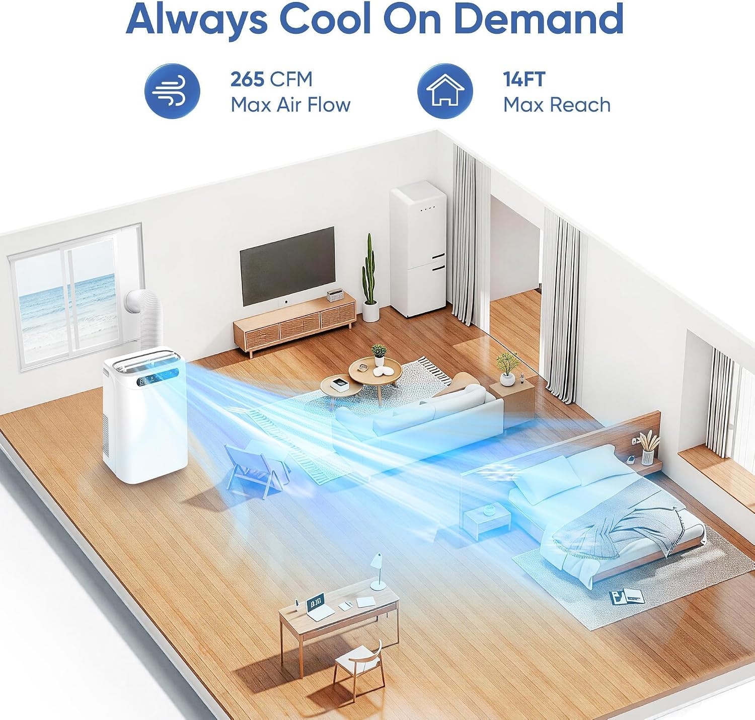 14,000 BTU Portable Air Conditioner - Cools up to 700 m² - Portable AC Unit with Remote Control, Cooling, Fan, Dehumidification, Sleep Mode and Installation Kits for Large